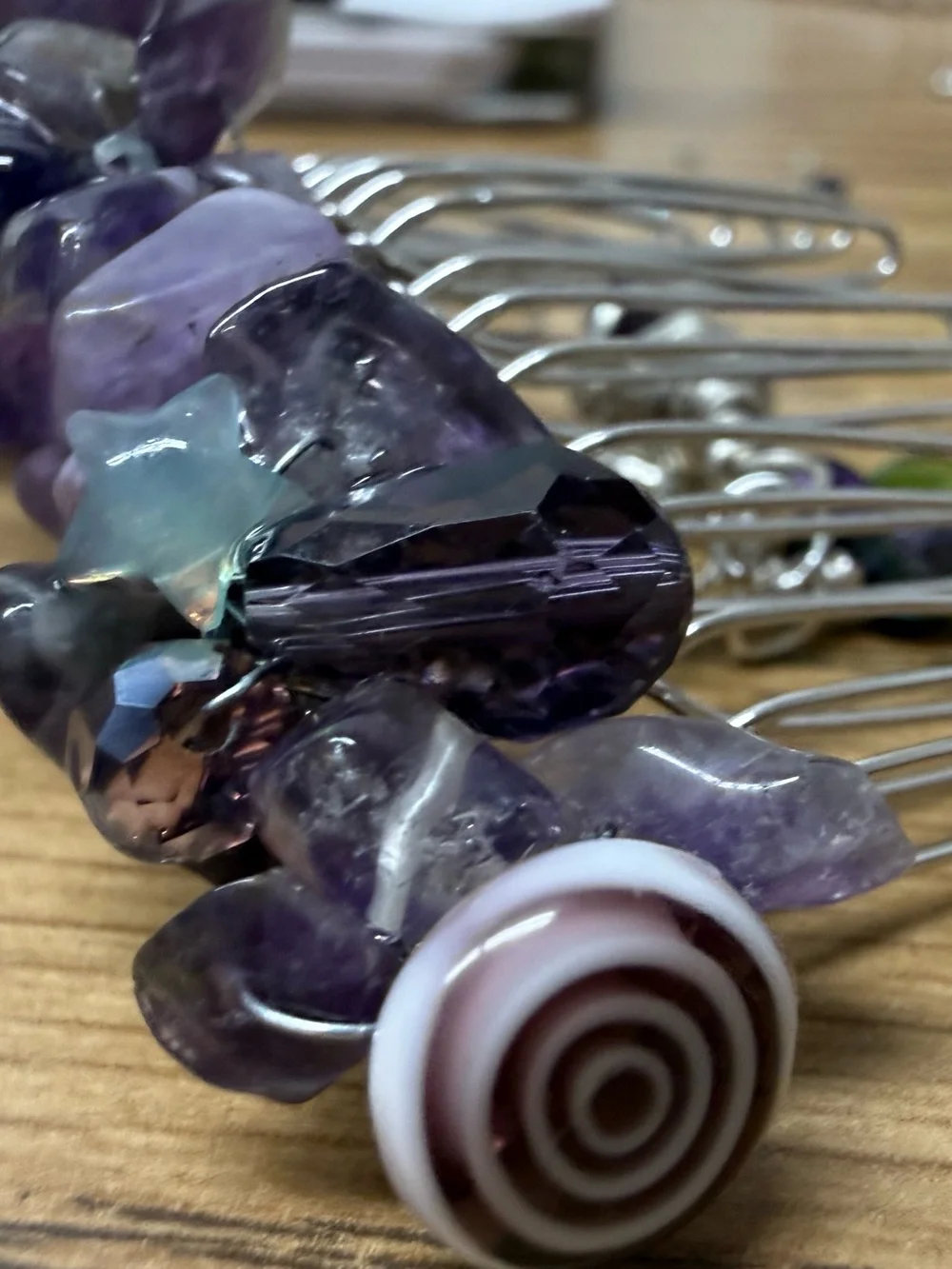 Handmade Wire Wrapped Amethyst Crystal Hair Comb with Dangle Charms
